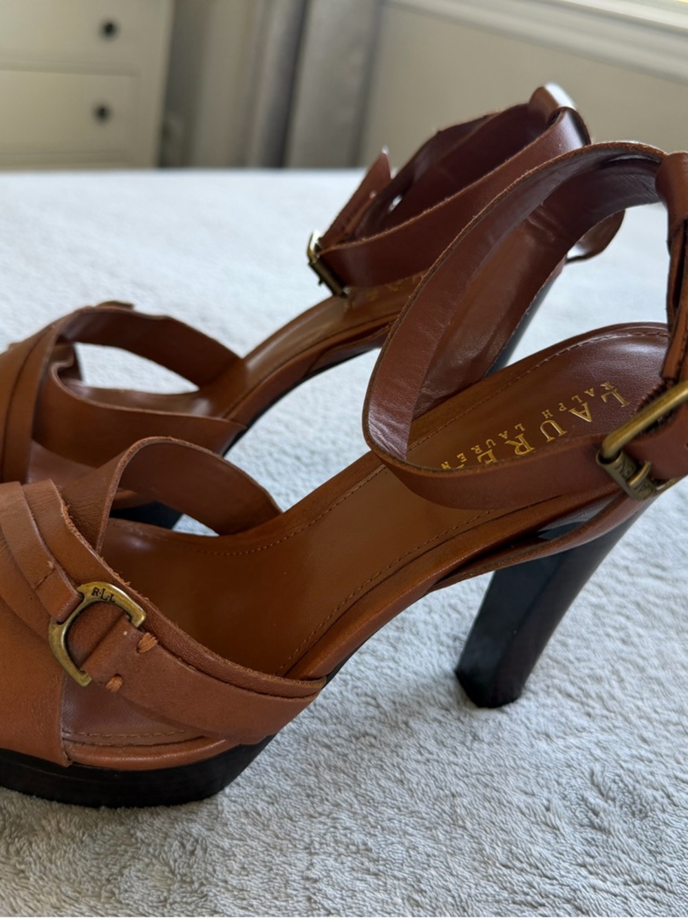 Ralph Lauren Brown Leather Platform Heels with Gold Buckles - Picture 2 of 6